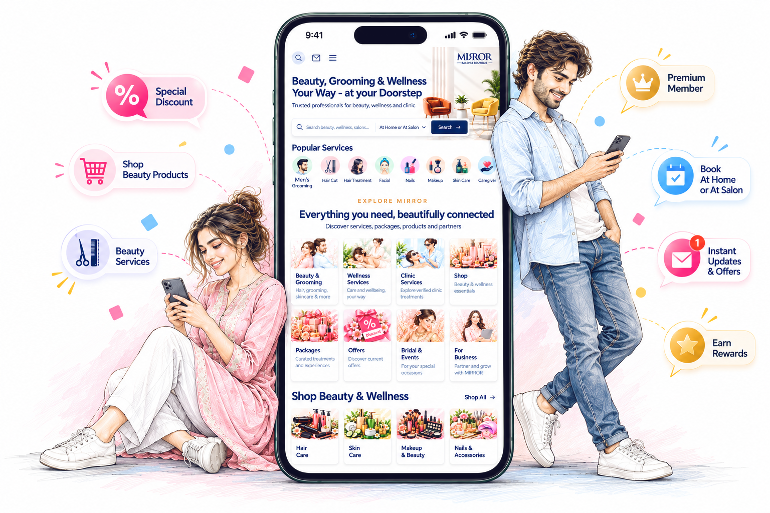 MIRROR mobile app preview with illustrated customers and feature callouts for offers, beauty services, bookings and rewards